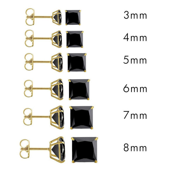 14 Karat Yellow Gold Push Backing Black CZ Square Stud Earrings | Silver Palace Inc.