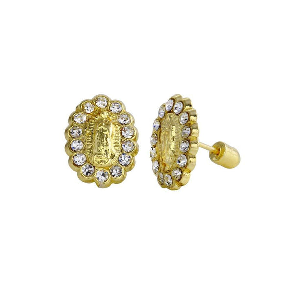 14 Karat Yellow Mother Mary CZ Screw Back Stud Earrings | Silver Palace Inc.
