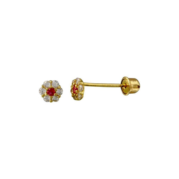 14 Karat Yellow Gold Flower Red and Clear CZ Screw Back Stud Earrings | Silver Palace Inc.