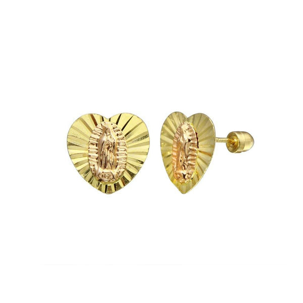 14 Karat Yellow & Rose Gold DC Heart Lady Guadalupe Screw Back Stud Earrings | Silver Palace Inc.