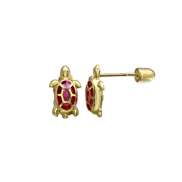 14 Karat Yellow Gold Turtle Red CZ Screw Back Stud Earrings | Silver Palace Inc.