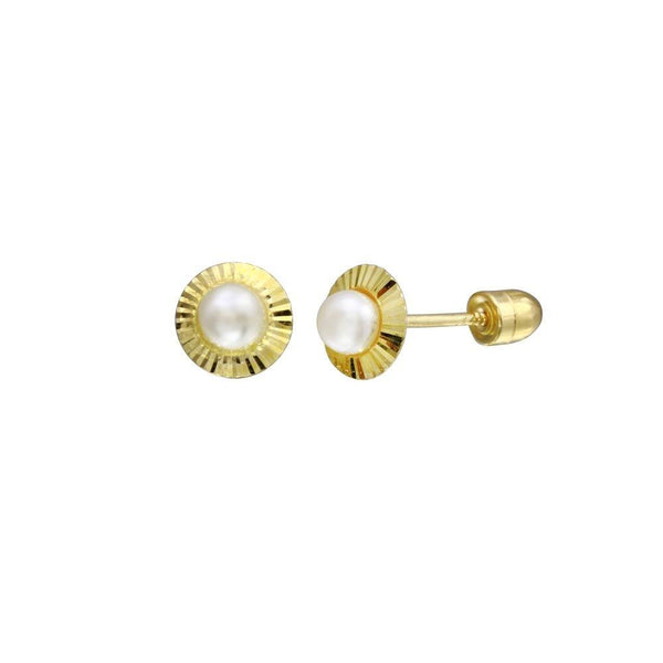 14 Karat Yellow Gold 28mm Pearl Center Diamond Cut Disc Screw Back Stud Earrings | Silver Palace Inc.