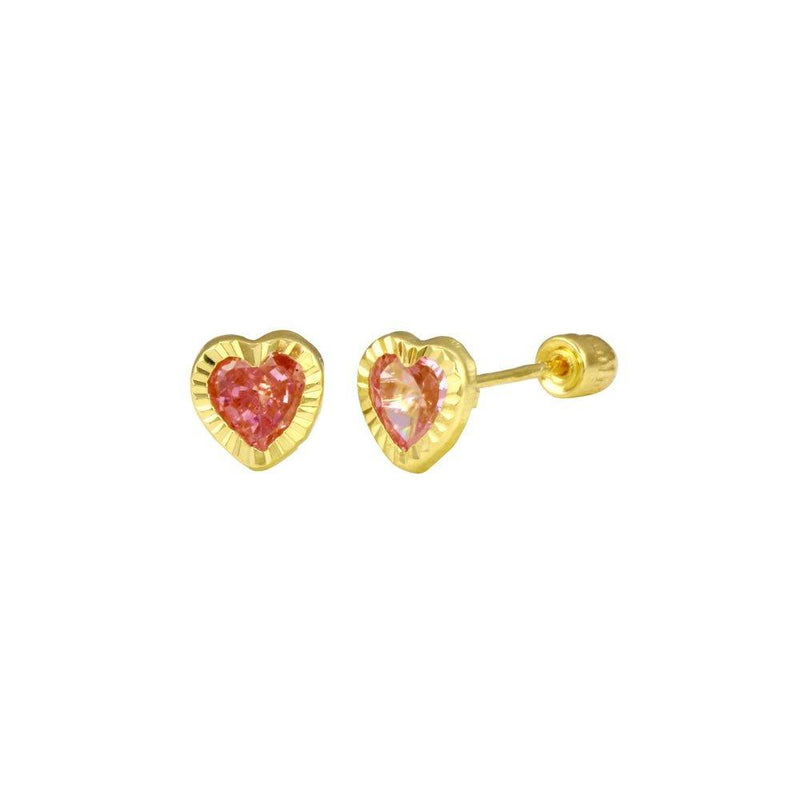 14 Karat Yellow Gold Heart Pink CZ Screw Back Stud Earrings | Silver Palace Inc.