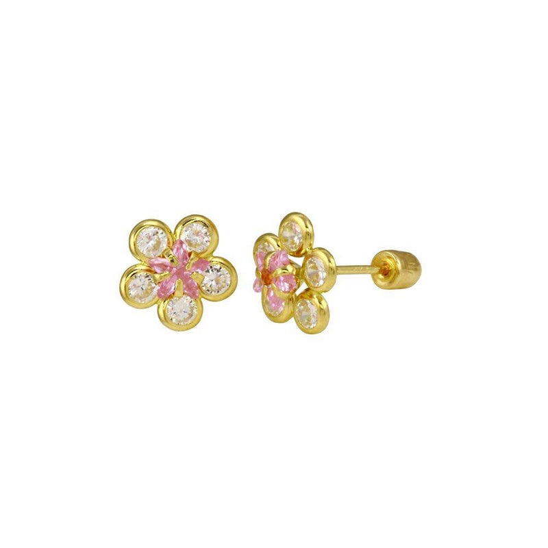 14 Karat Yellow Gold Sunflower Clear and Pink CZ Screw Back Stud Earrings | Silver Palace Inc.