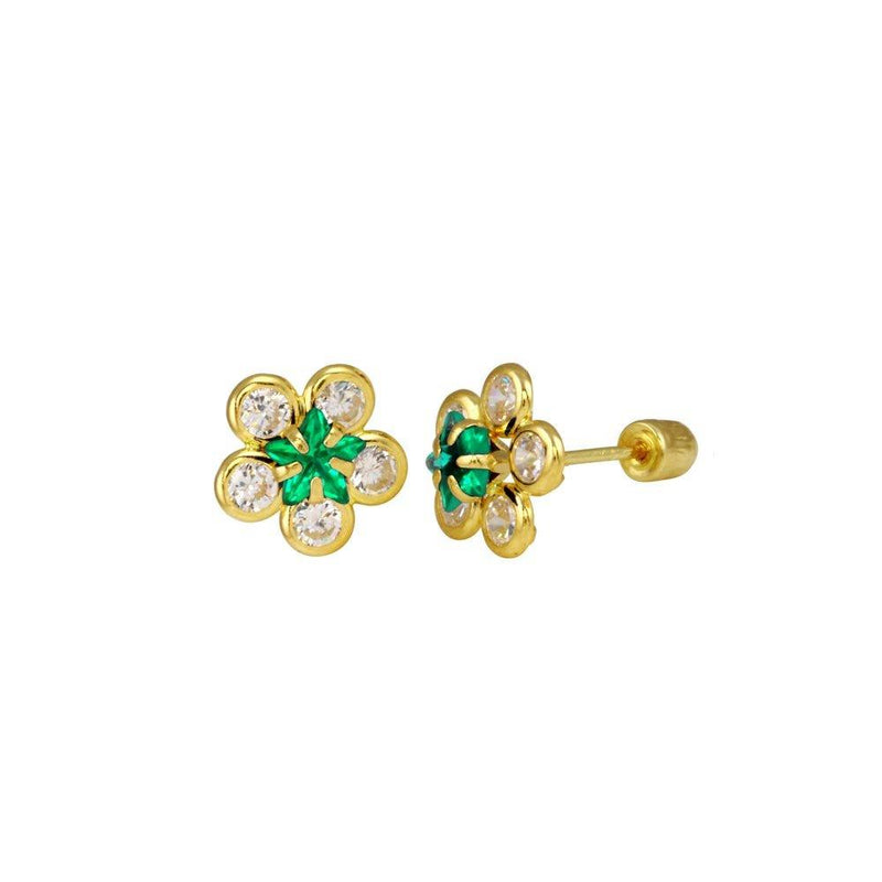 14 Karat Yellow Gold Sunflower Clear and Green CZ Screw Back Stud Earrings | Silver Palace Inc.
