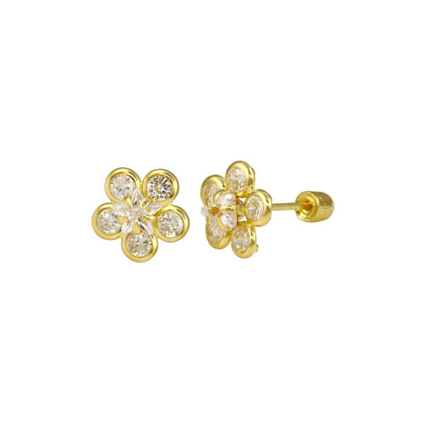 14 Karat Yellow Gold Sunflower Clear CZ Screw Back Stud Earrings | Silver Palace Inc.