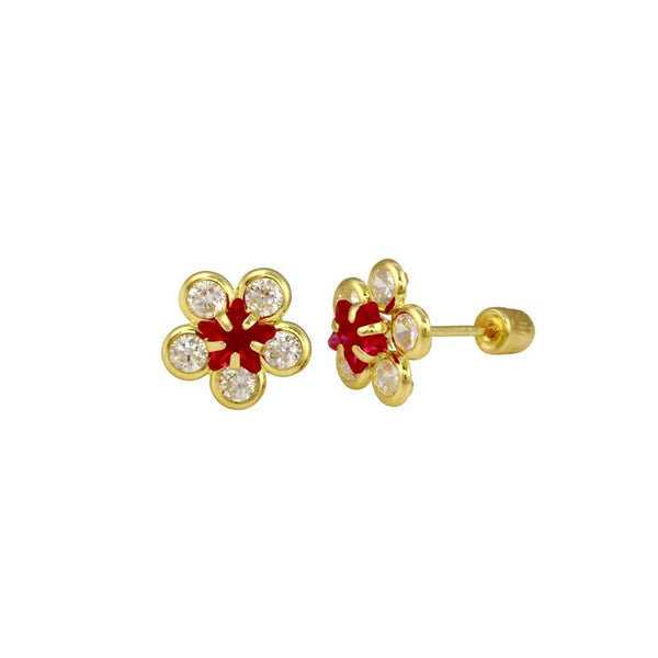 14E00036. - 14 Karat Yellow Gold Flower Red and Clear CZ Screw Back Stud Earrings