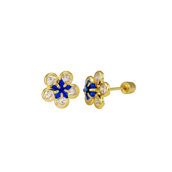 14 Karat Yellow Gold Sunflower Clear and Blue CZ Screw Back Stud Earrings | Silver Palace Inc.