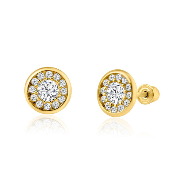 14 Karat Yellow Gold Round Clear CZ Stud Screw Back Earring | Silver Palace Inc.