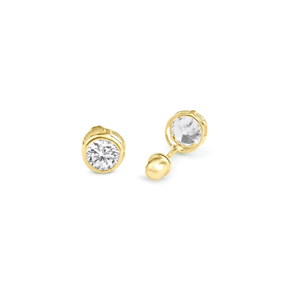 14 Karat Yellow Gold Round Bezel Clear CZ Screw Back Stud Earrings | Silver Palace Inc.