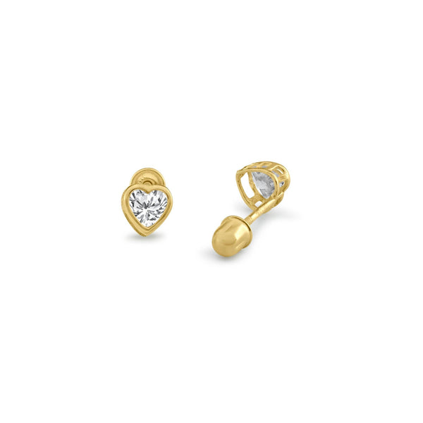 14 Karat Yellow Gold Heart Bezel Clear CZ Screw Back Stud Earrings | Silver Palace Inc.