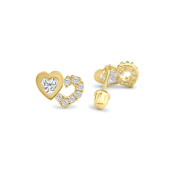 14 Karat Yellow Gold Two Hearts Clear Heart CZ Screw Back Stud Earrings | Silver Palace Inc.