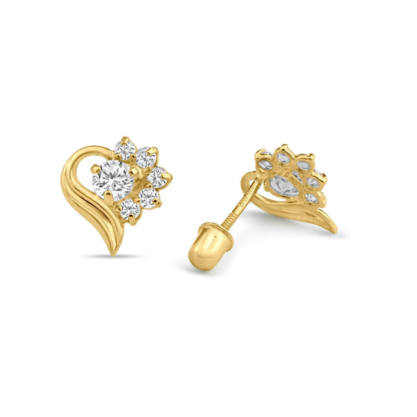 14 Karat Yellow Gold Half Heart Flower CZ Screw Back Stud Earrings | Silver Palace Inc.