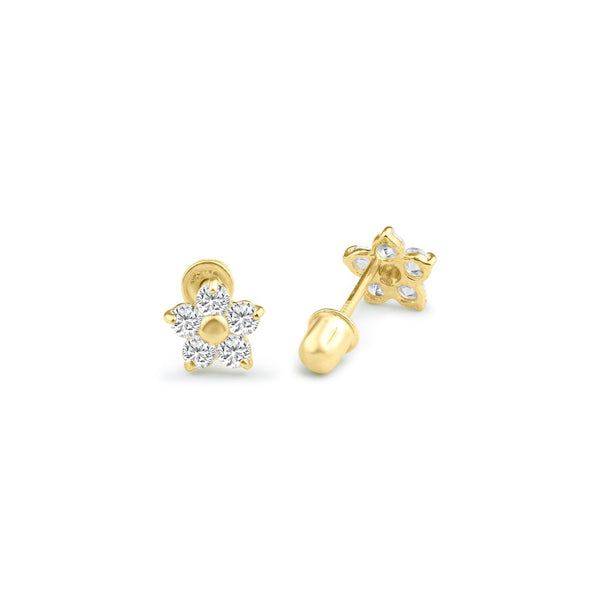 14 Karat Yellow Gold Flower CZ Screw Back Stud Earrings | Silver Palace Inc.