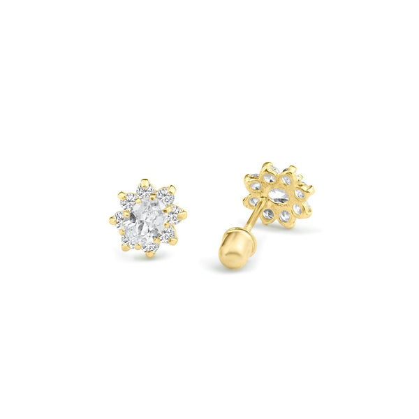 14 Karat Yellow Gold Flower CZ Screw Back Stud Earrings | Silver Palace Inc.