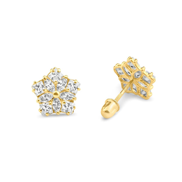 14 Karat Yellow Gold Center CZ Flower Screw Back Stud Earrings | Silver Palace Inc.