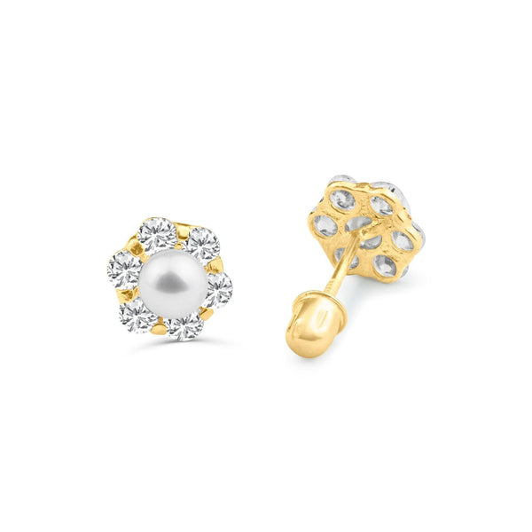 14 Karat Yellow Gold Center CZ Flower Center Pearl Screw Back Stud Earrings | Silver Palace Inc.