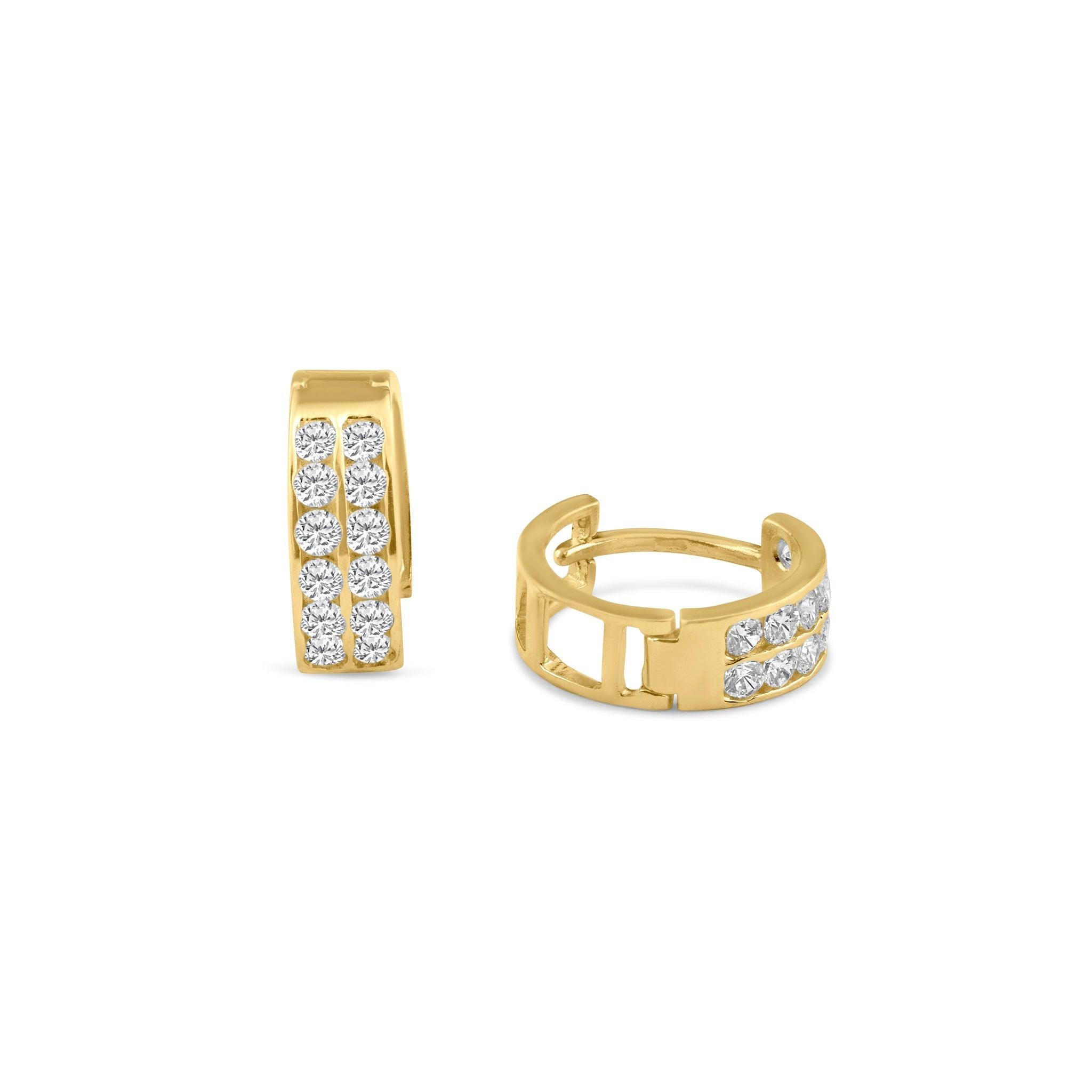 14 Karat Yellow Gold CZ 2 Row Hoop Earrings | Silver Palace Inc.