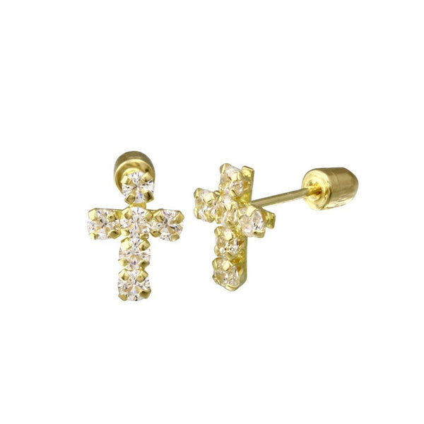 14 Karat Yellow Gold Cross Clear CZ Screw Back Stud Earrings | Silver Palace Inc.