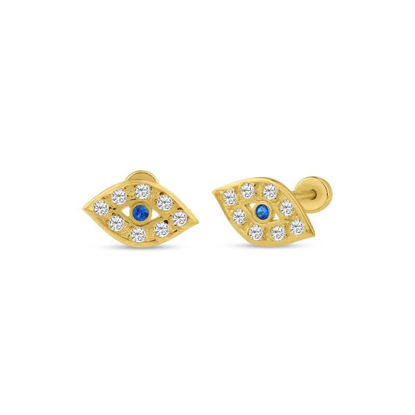 14 Karat Yellow Gold Blue and Clear CZ Evil Eye Screw Back Stud Earrings | Silver Palace Inc.