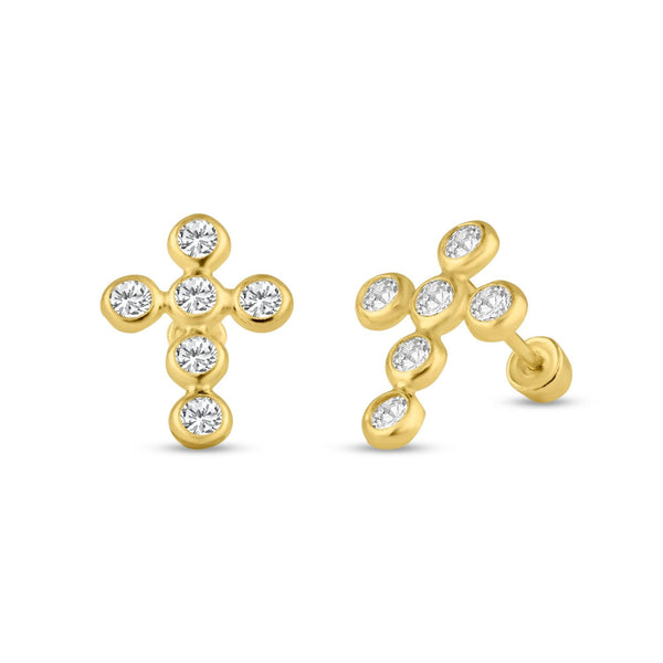 14 Karat Yellow Gold CZ Cross Screw Back Stud Earrings | Silver Palace Inc.