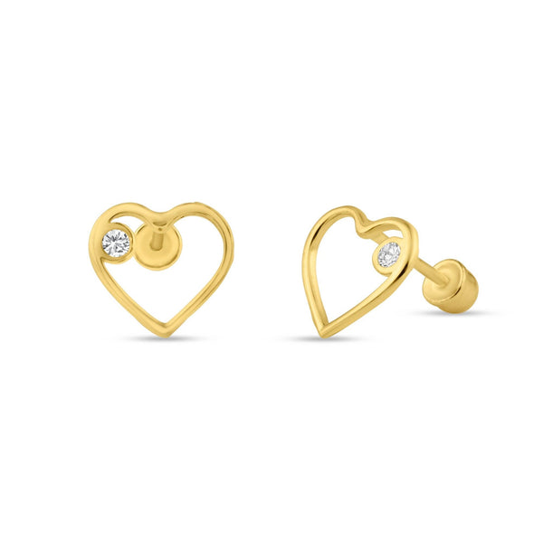 14 Karat Yellow Gold Open Heart CZ Screw Back Stud Earrings | Silver Palace Inc.