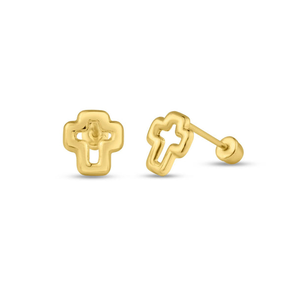 14 Karat Yellow Gold Open Cross Screw Back Stud Earrings | Silver Palace Inc.