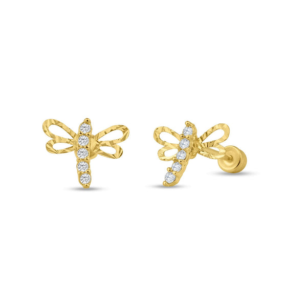 14 Karat Yellow Gold Dragonfly CZ Screw Back Stud Earrings | Silver Palace Inc.