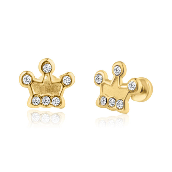 14 Karat Yellow Gold CZ Crown Screw Back Earring | Silver Palace Inc.