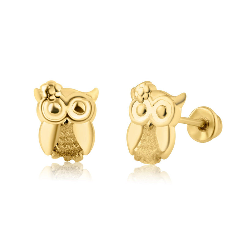 14 Karat Yellow Gold CZ Owl Screw Back Earring | Silver Palace Inc.