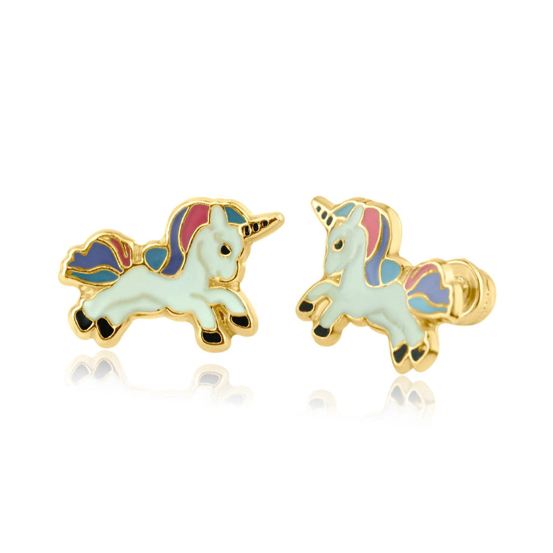 14 Karat Yellow Gold Enamel Color Unicorn Screw Back Earring | Silver Palace Inc.