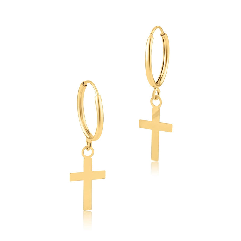 14 Karat Yellow Gold Dangling Cross Huggie Earring | Silver Palace Inc.