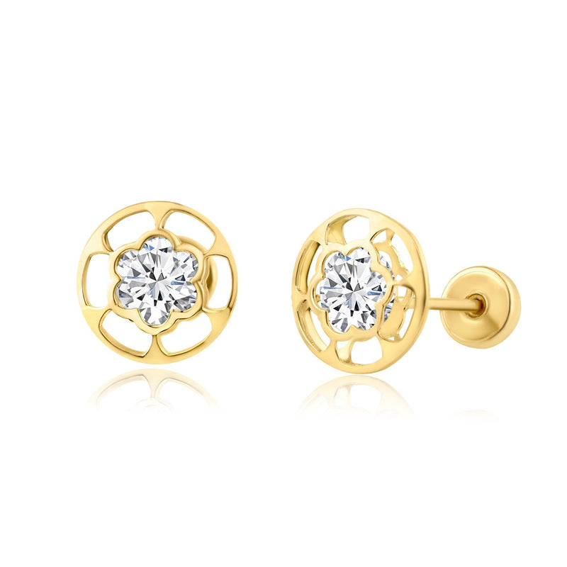 14 Karat Yellow Gold CZ Flower Screw Back Earring | Silver Palace Inc.