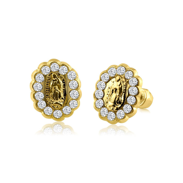 14 Karat Yellow Gold CZ Lady of Guadalupe Screw Back Earring | Silver Palace Inc.