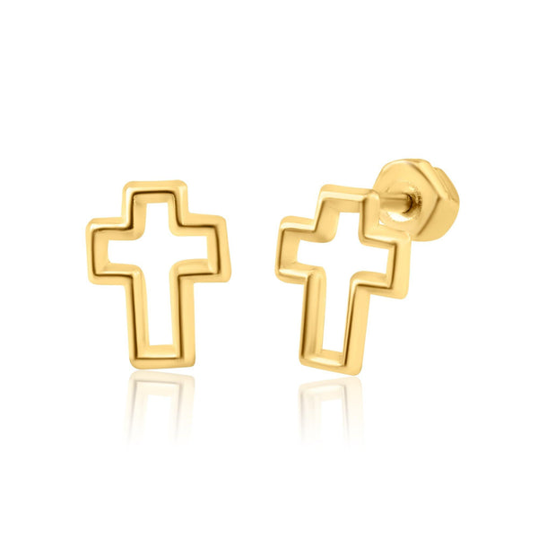 14 Karat Yellow Gold Cross Silhouette Stud Screw Back Earring | Silver Palace Inc.