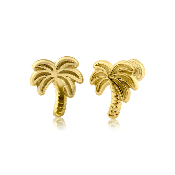 14 Karat Yellow Gold Palm Tree Stud Screw Back Earring Silver
