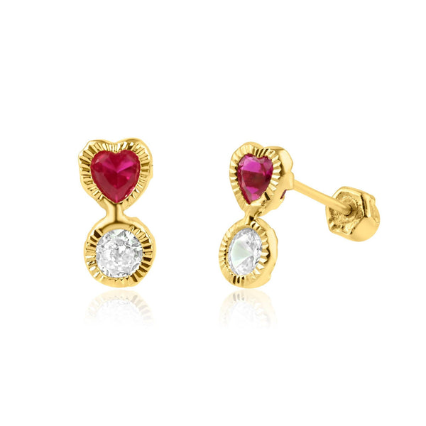 14 Karat Yellow Gold Red and Clear CZ Dangling Screw Back Earring | Silver Palace Inc.