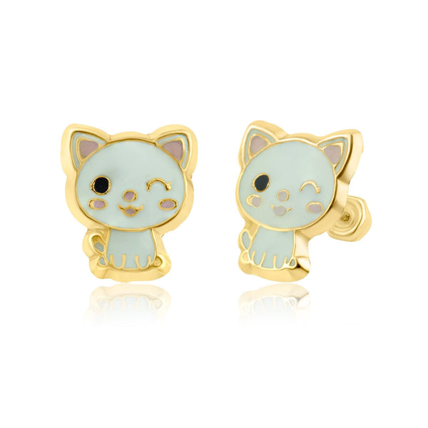 14 Karat Yellow Gold Cat Stud Screw Back Earring | Silver Palace Inc.