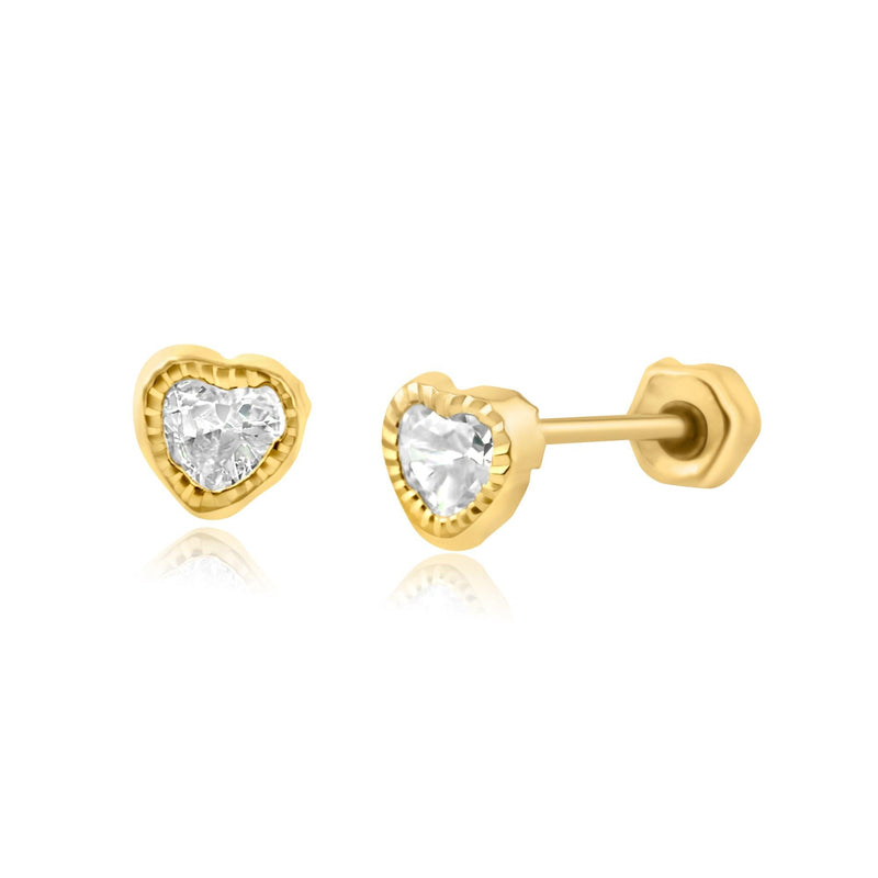 14E00268. - 14 Karat Yellow Gold Diamond Cut Heart Stud Screw Back Earring
