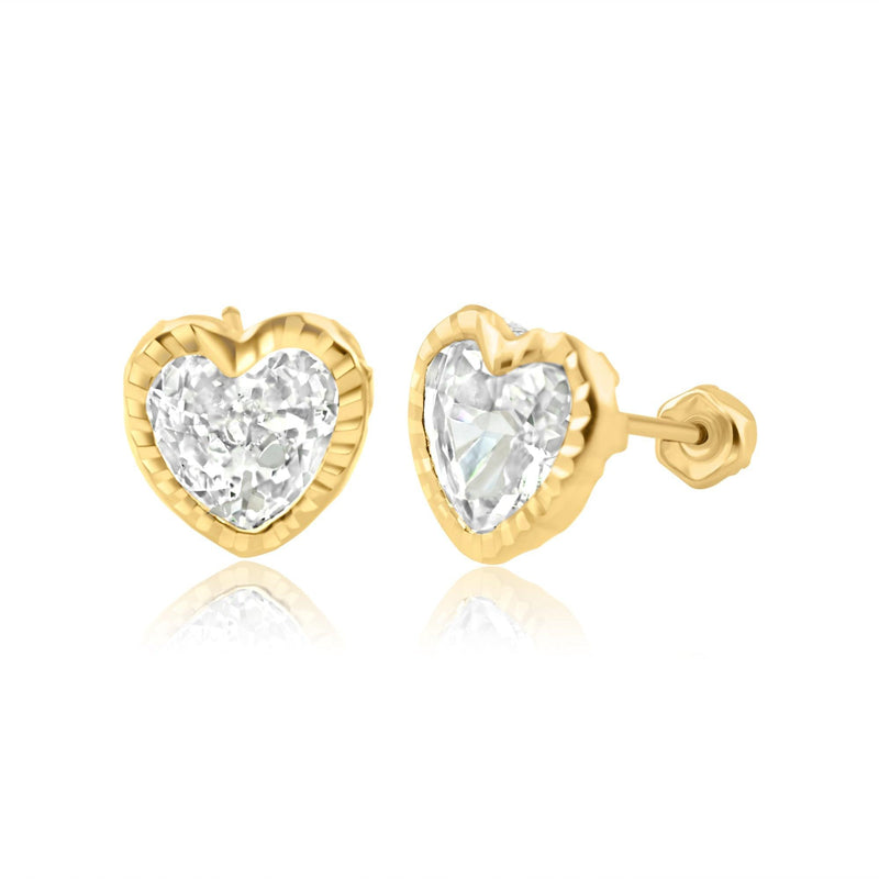 14 Karat Yellow Gold Diamond Cut Heart Stud Screw Back Earring | Silver Palace Inc.