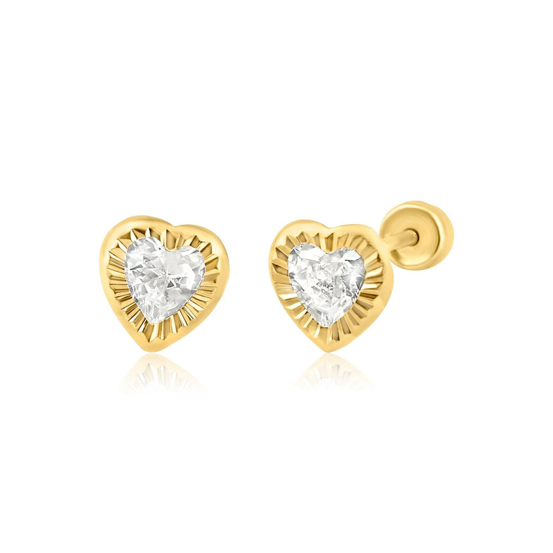 14E00268. - 14 Karat Yellow Gold Diamond Cut Heart Stud Screw Back Earring