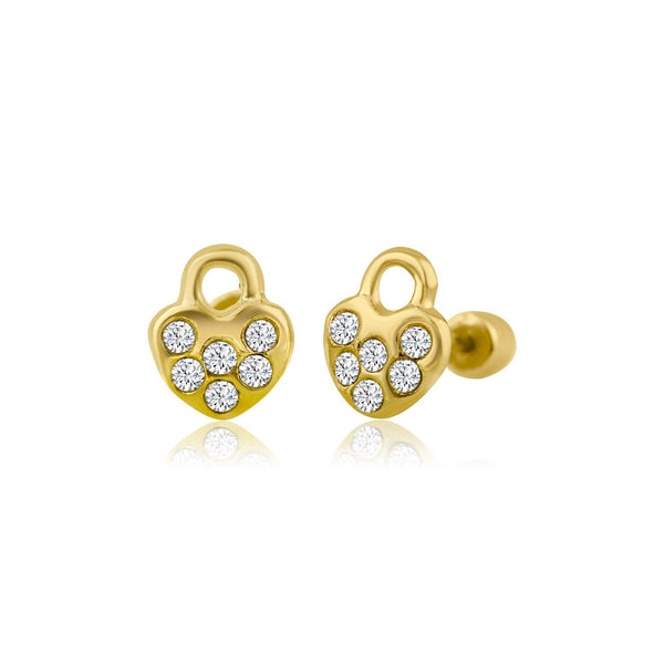 14 Karat Yellow Gold Heart Lock CZ Screw Back Earring | Silver Palace Inc.