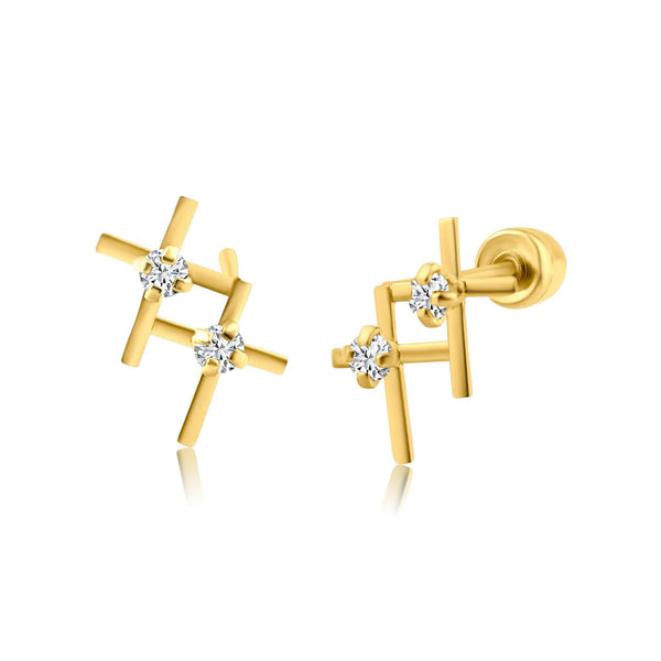 14 Karat Yellow Gold Two Cross CZ Screw Back Earring | Silver Palace Inc.