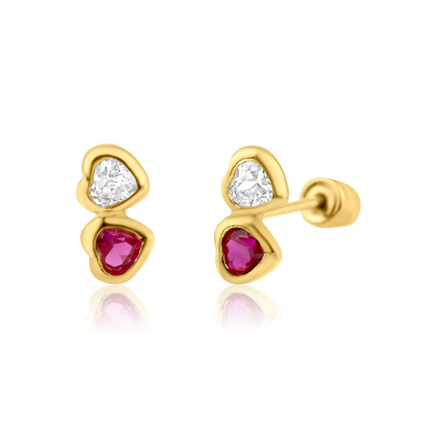 14 Karat Yellow Gold Twin Hearts Red and Clear CZ  Screw Back Earring | Silver Palace Inc.