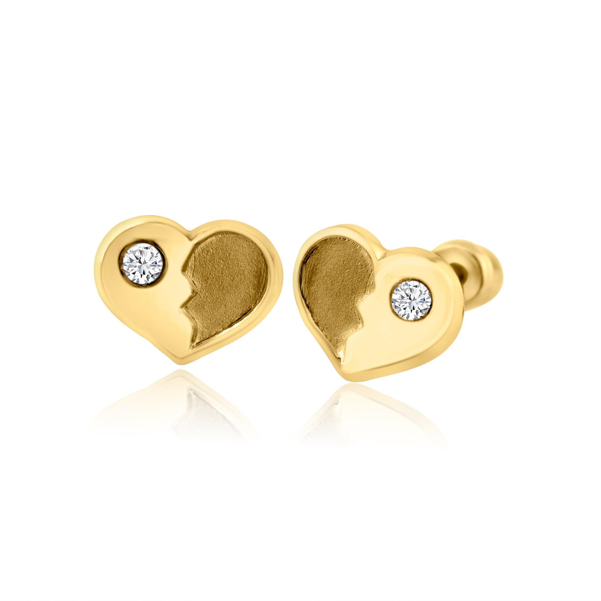 HEART SILVER EARRINGS 金 14 Karat Yellow Gold Heart CZ Screw Back Earring | Silver Palace Inc.