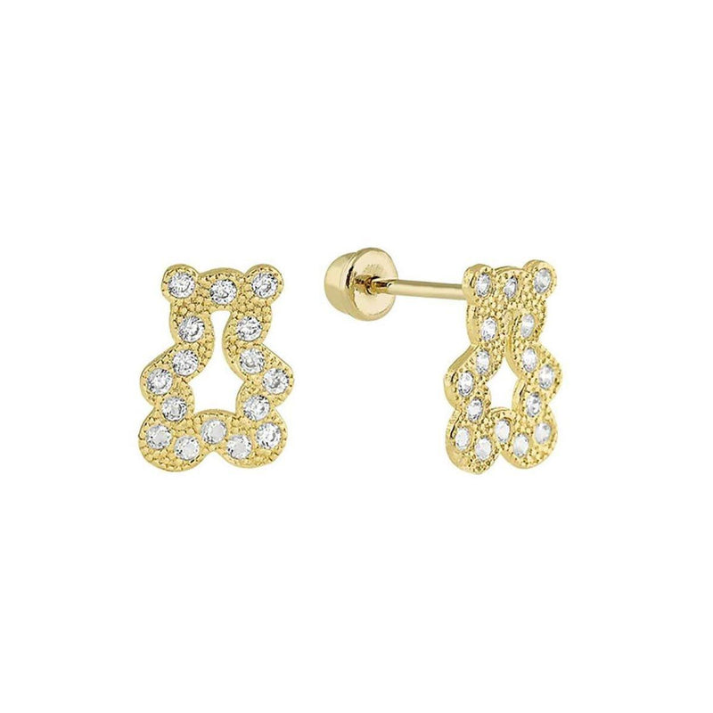 14 Karat Yellow Gold Outline CZ Bear Screw Back Stud Earrings | Silver Palace Inc.