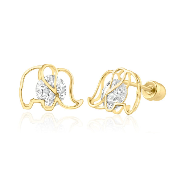 14 Karat Yellow Gold Elephant Silhoutte CZ Screw Back Earring | Silver Palace Inc.