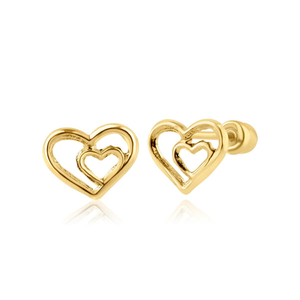 14 Karat Yellow Gold Double Heart Screw Back Earring | Silver Palace Inc.