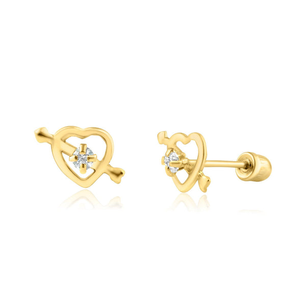 14 Karat Yellow Gold Cupid Heart CZ Screw Back Earring | Silver Palace Inc.