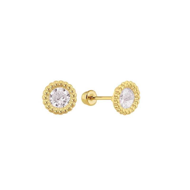 14 Karat Yellow Gold Outline CZ Round Screw Back Stud Earrings | Silver Palace Inc.